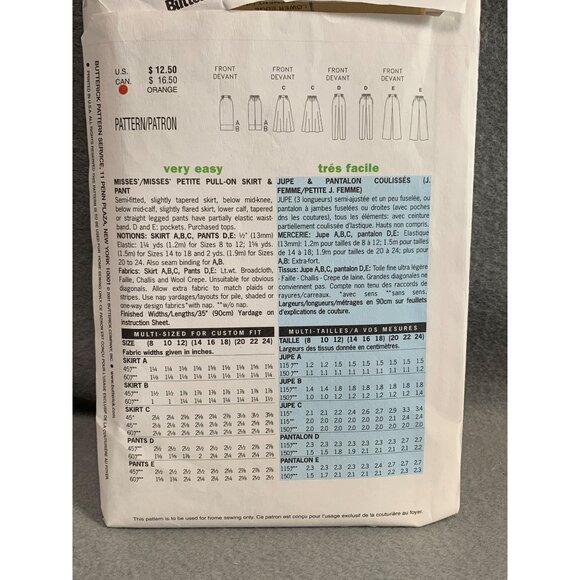 Butterick 3133 Misses Skirt Pants Pattern Size 14 16 18 uncut - Picture 2 of 2